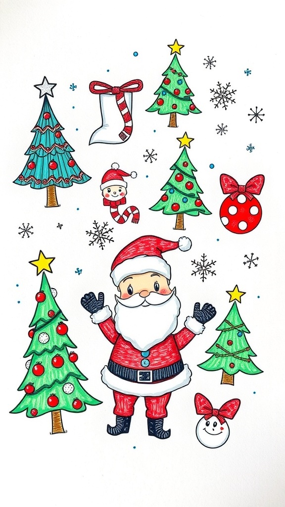 A vibrant assortment of Christmas doodles including trees, snowflakes, and Santa Claus illustrations.